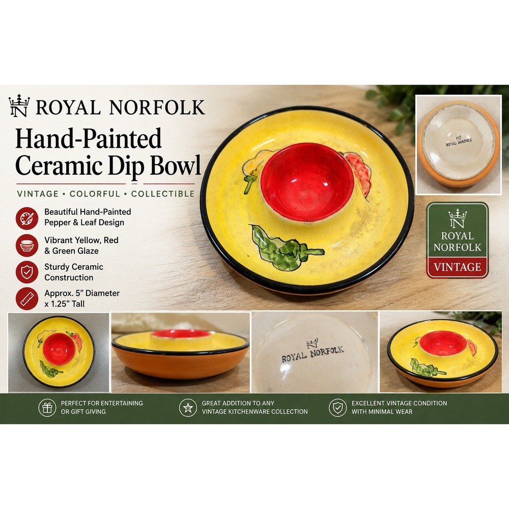 Royal Norfolk Chili Pepper Chip and Dip Bowl Yellow Red Ceramic Salsa Dish 6in